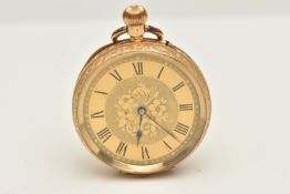 A LADIES YELLOW METAL OPEN FACE POCKET WATCH, hand wound movement, round floral dial unsigned, Roman