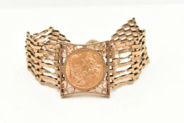 A FULL SOVEREIGN GATE BRACELET, a seven bar gate bracelet mounted with a full sovereign depicting