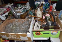 SIX BOXES OF GLASSWARE, CERAMICS, AND ORNAMENTS, to include an Empoli-style amber glass genie
