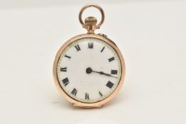 A 9CT GOLD LADIES OPEN FACE POCKET WATCH, hand wound movement, round white dial unsigned, Roman