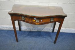 A GEORGIAN MAHOGANY SERPENTINE SIDE TABLE, with a single frieze drawer, raised on square tapered