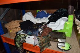 TWO BOXES AND LOOSE LACE AND EMBROIDERED TABLE LINEN, SILK SCARVES AND SUNDRIES, to include an early