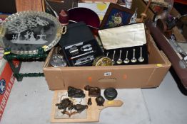 A BOX AND LOOSE MISCELLANEOUS ITEMS to include a group of metal items comprising a bronze lion