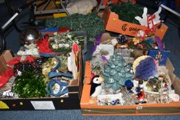 FIVE BOXES AND LOOSE CHRISTMAS DECORATIONS, to include a ceramic Christmas tree, vintage and