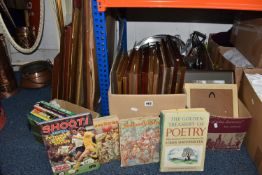 FOUR BOXES AND LOOSE METALWARE AND SUNDRIES, included a large quantity of frames, and also framed