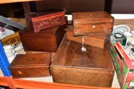 SEVEN VICTORIAN WOODEN SEWING AND WRITING BOXES, comprising a lacquered Japanese style jewellery