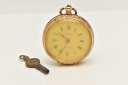 A LADIES YELLOW METAL OPEN FACE POCKET WATCH, key wound movement, round dial signed 'H. J.