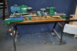 A CORONET NO.3 WOODTURNING LATHE ON A BESPOKE METAL STAND with 3 tool rests, bowl attachment,