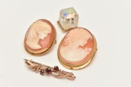 A SMALL ASSORTMENT OF JEWELLERY, to include a 9ct gold and shell cameo brooch depicting a girls