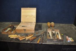 A WOODEN BOX AND TWO TRAYS CONTAINING WOOD CHISELS AND GOUGES by Marples, Stanley, Spear and