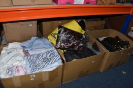 EIGHT BOXES OF MEN'S AND LADIES' CLOTHES, to include shirts, jumpers, t -shirts, trousers, jeans,