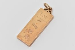 A 1oz 9CT GOLD INGOT PENDANT, a rectangular form pendant engraved 1 oz, hallmarked 9ct Birmingham