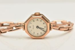 A MID CENTURY 9CT GOLD LADIES WRISTWATCH, hand wound movement, round dial signed 'Audax', Arabic