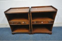 A PAIR OF REPRODUX BEVAN FUNNELL MAHOGANY BEDSIDE CABINETS, with raised back and sides, fitted