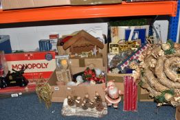SEVEN BOXES AND LOOSE CHRISTMAS DECORATIONS AND SUNDRY ITEMS, to include a boxed Nativity scene,