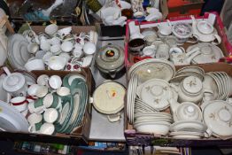 FOUR BOXES OF DINNERWARE, to include a quantity of Royal Doulton 'Sandsprite' pattern dinnerware,