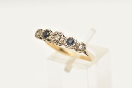 A YELLOW METAL SAPPHIRE AND DIAMOND RING, set with three single cut diamonds and two circular cut