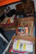 FOUR BOXES AND LOOSE BOOKS, VINTAGE FOOTBALL MAGAZINES AND SUNDRIES, to include Pentax 8 x 42 DCF