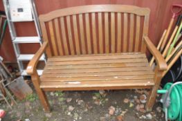 A VARNISHED HARDWOOD BENCH badged 'MESCH' to rear, width 117cm Condition Report: some finish losses