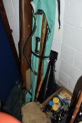 A QUANTITY OF VINTAGE FISHING TACKLE ETC, to include an Apollo three piece tubular steel rod, an