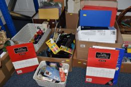 FIVE BOXES AND LOOSE ASSORTED OFFICE SUPPLIES to include ring binders, various paper types, assorted