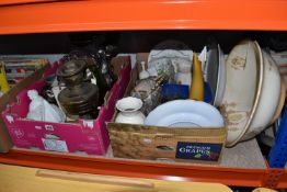 TWO BOXES AND LOOSE MISCELLANEOUS CERAMICS, to include a vintage silver plated Snoopy money bank