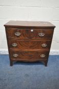 A 19TH CENTURY MAHOGANY BOW FRONT CHEST OF TWO SHORT OVER TWO LONG DRAWERS, width 76cm x depth