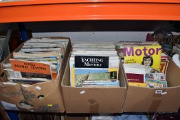 THREE BOXES OF MAGAZINES, subjects include Steam Railway, Diesel railway traction, aircrafts, boats,