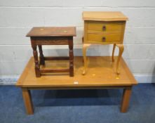 A MODERN SOLID LIGHT OAK COFFEE TABLE, length 120cm x depth 60cm x height 45cm, along with a