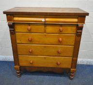 A 19TH CENTURY AND LATER CHEST OF FOUR SHORT OVER THREE LONG DRAWERS, raised on turned legs, width