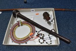 A GROUP OF MASAI MARA TRIBAL ITEMS to include a 'rungu' fighting stick (broken finial) length