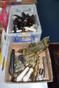 TWO BOXES OF EARLY 20TH CENTURY HOUSEHOLD HANDLES AND DOOR FURNITURE, to include a brass letterbox
