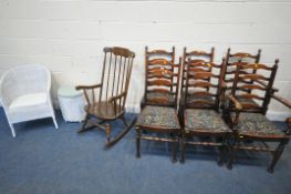A SET OF SIX PRIORY OAK LADDERBACK CHAIRS, with drop in seat pads, a stained beech rocking chair,