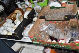 FOUR BOXES AND LOOSE CERAMIC KITCHENWARE AND GLASSWARE to include a quantity of coloured and