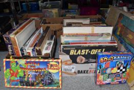 THREE BOXES AND LOOSE VINTAGE BOARD GAMES, included Ideal Crossfire game, Battling Tops, CAR-SOC