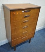 A MID-CENTURY TALL TEAK CHEST OF SIX GRADUATED DRAWERS, width 77cm x depth 42cm x height 118cm,