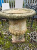 A LARGE WEATHERED CERAMIC CAMPAGNA STYLE GARDEN URN, with a fluted bowl, height 77cm, Condition