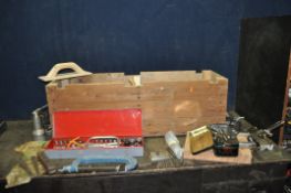 A WOODEN TOOLCHEST CONTAINING AUTOMOTIVE AND ENGINEERING TOOLS including a partial socket set,