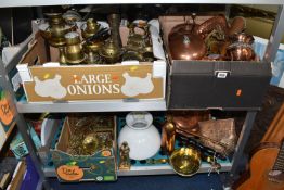 THREE BOXES AND LOOSE BRASS AND COPPERWARE, comprising a copper kettle, ladle, planters, wall