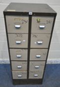 A METAL TEN DRAWER INDEX CABINET, 55cm squared x height 132cm, condition report: marks, scuffs,