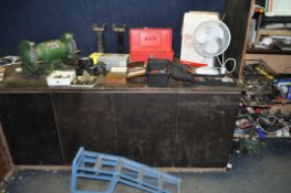 A COLLECTION OF TOOLS including a Tulco Bench grinder (PAT fail due to broken plug but working), a