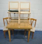 AN OAK DRAW LEAF DINING TABLE, 90cm squared x height 77cm, pair of pine chairs and three folding