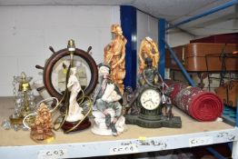 A COLLECTION OF ORNAMENTAL HOME ITEMS, to include 1999 Crosa Juliana Quartz mantel clock, in a green