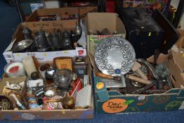 FOUR BOXES AND LOOSE METALWARE AND SUNDRIES, to include a Spong's No.632 'Bean Slicer', vintage herb