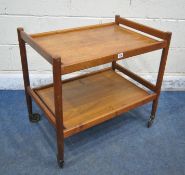A MID-CENTURY DANISH TEAK TWO TIER TEA TROLLEY, length 72cm x depth 48cm x height 66cm, condition