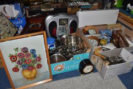 FOUR BOXES AND LOOSE MISCELLANEOUS ITEMS to include a box of Stellar stainless steel saucepans, a