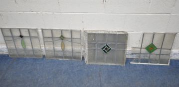 SEVEN LEAD GLAZED STAINED GLASS WINDOWS, with three designs, 47cm x 43cm, condition report: one with