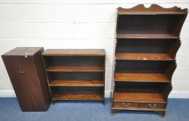 A LATE 20TH CENTURY OAK FIVE TIER WATERFALL BOOKCASE, with two drawers, width 77cm x depth 39cm x