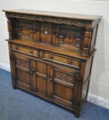 A REPRODUCTION OAK AND MARQUETRY INLAID COURT CUPBOARD, with an arrangement of cupboards and two