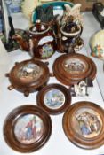 A GROUP OF PRATTWARE LIDS AND BARGEWARE, comprising five wooden framed Pratt ware lids depicting ice